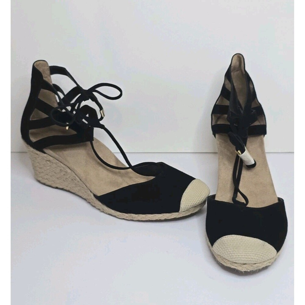 Vionic Calypso Espadrille Wedge Sandals Black Suede Lace Up Women's Size 11